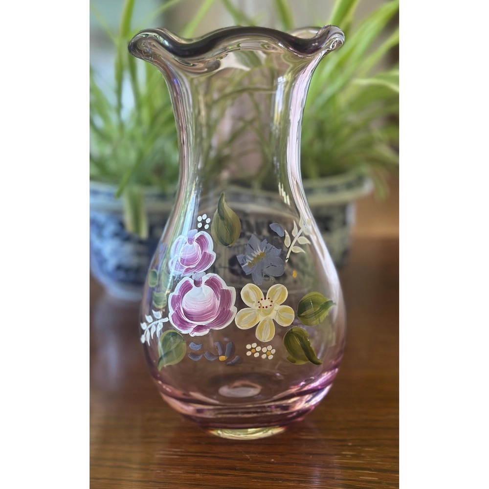 Vintage Fenton for Teleflora Vase: Hand-Painted Floral Ruffled Rim (8")